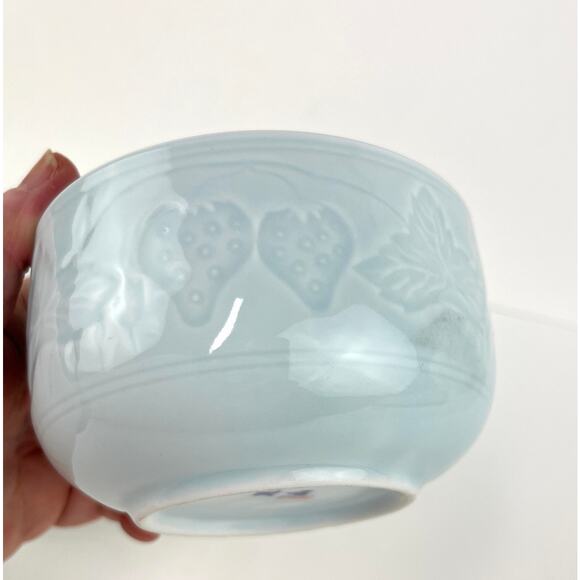 Blue Asian Celadon Pottery Bowl Set with Strawberry Pattern - Picture 4 of 8